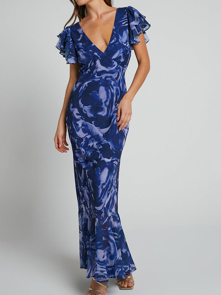 Sarah - Bedrukte chiffon maxi-jurk met V-halslijn