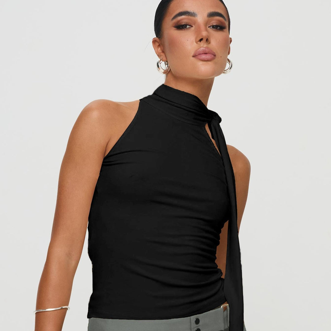 Damesmouwloze halternektop met asymmetrische strik - Natalia