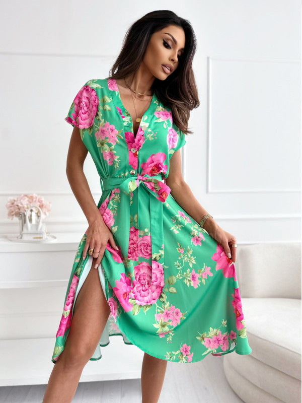 Bloemenprint jurk met korte mouw en groene riem - Mirella
