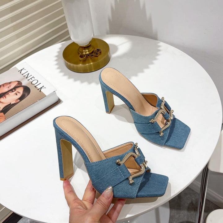 Vrouwen sandalen met hoge hak elegant zwart dubbele metalen gesp - Kalisa