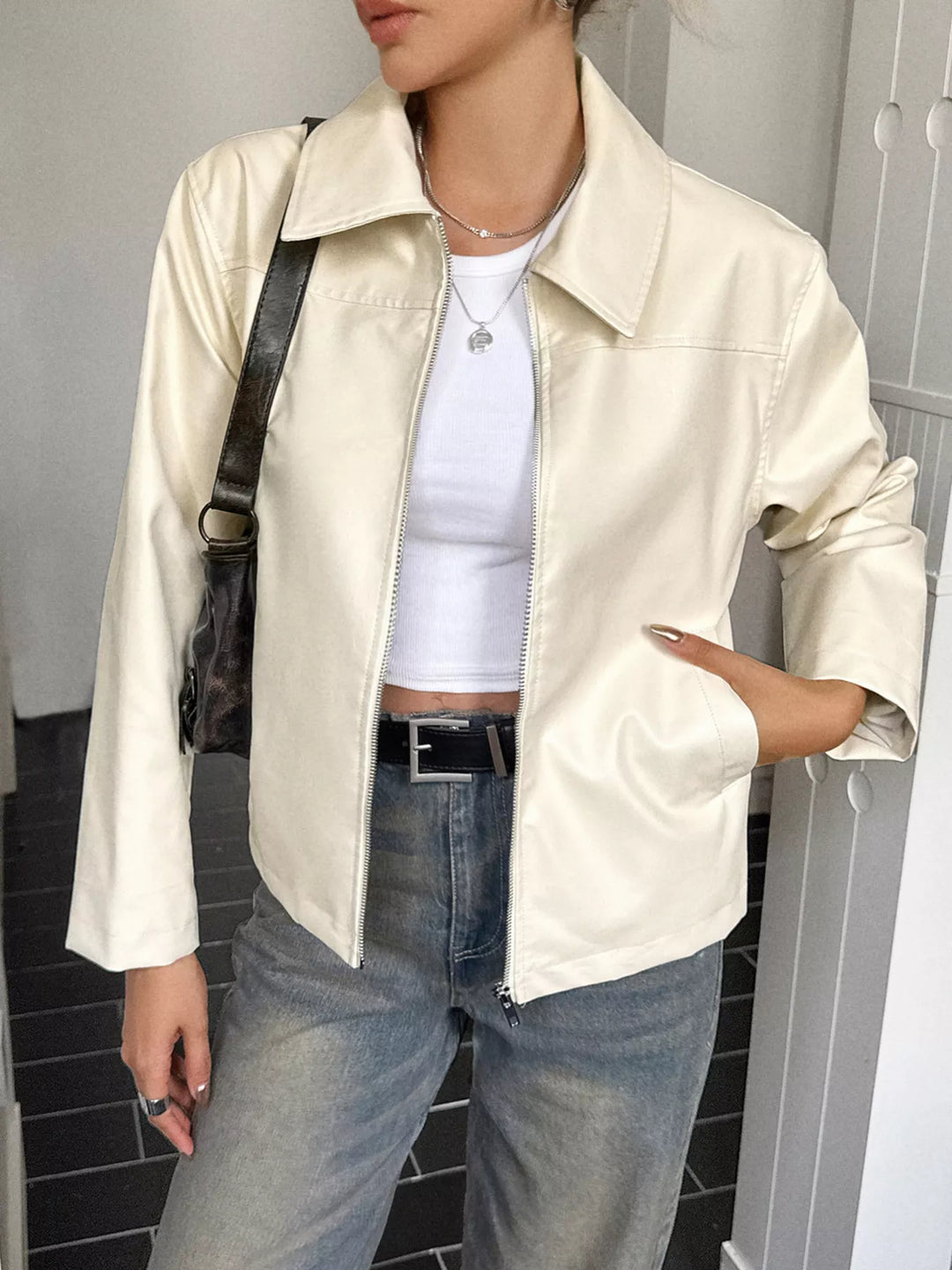 Damesjack met leereffect en ritssluiting - Kendra