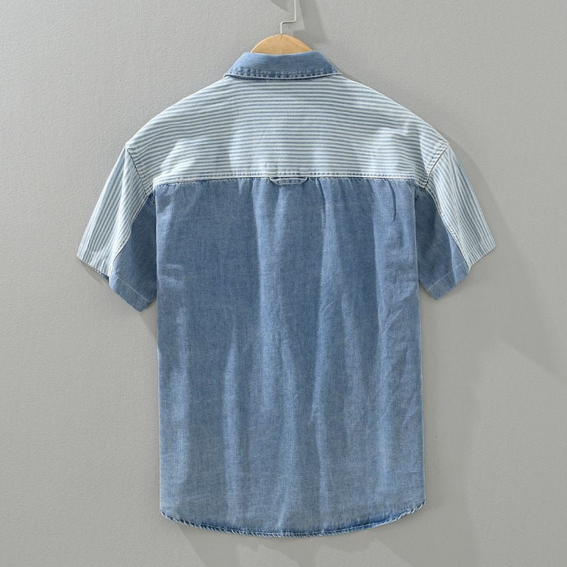 Herenoverhemd denim patchwork gestreept korte mouw - Elías