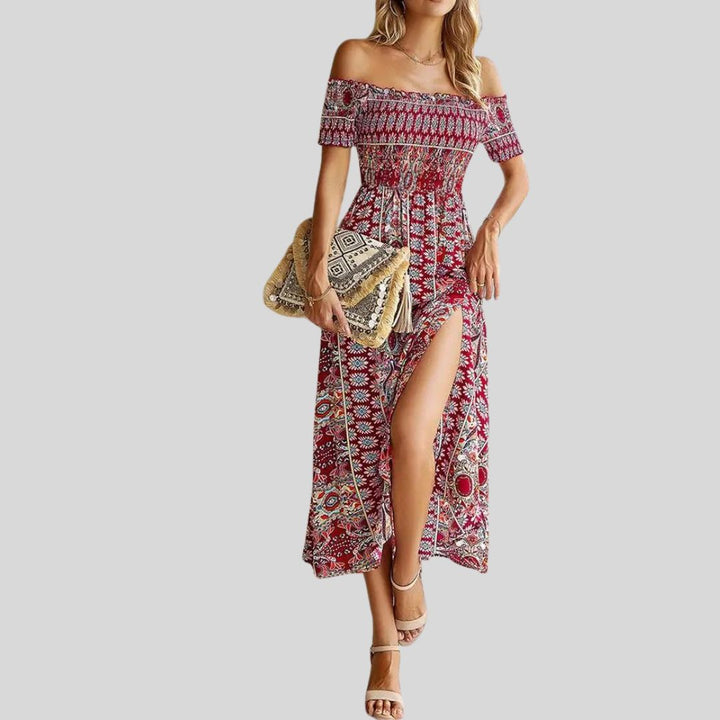 Aurora - Boho off-the-shoulder maxi jurk met ruches