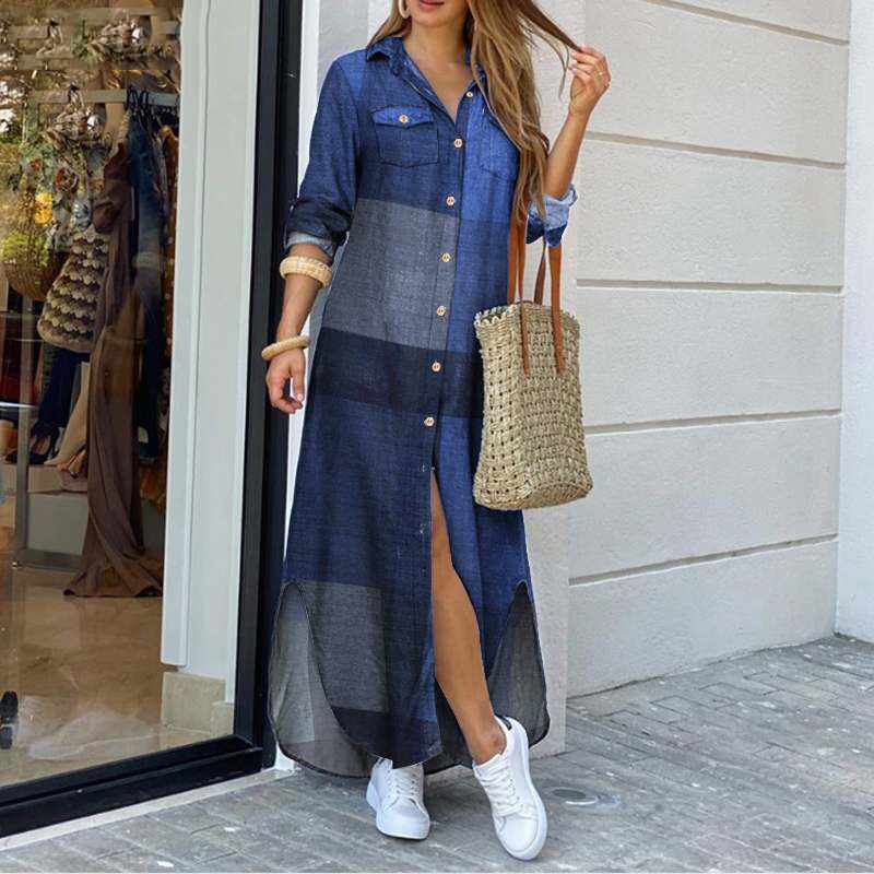 Lange denim overhemdjurk met knopen - Helena