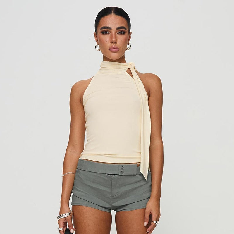 Damesmouwloze halternektop met asymmetrische strik - Natalia