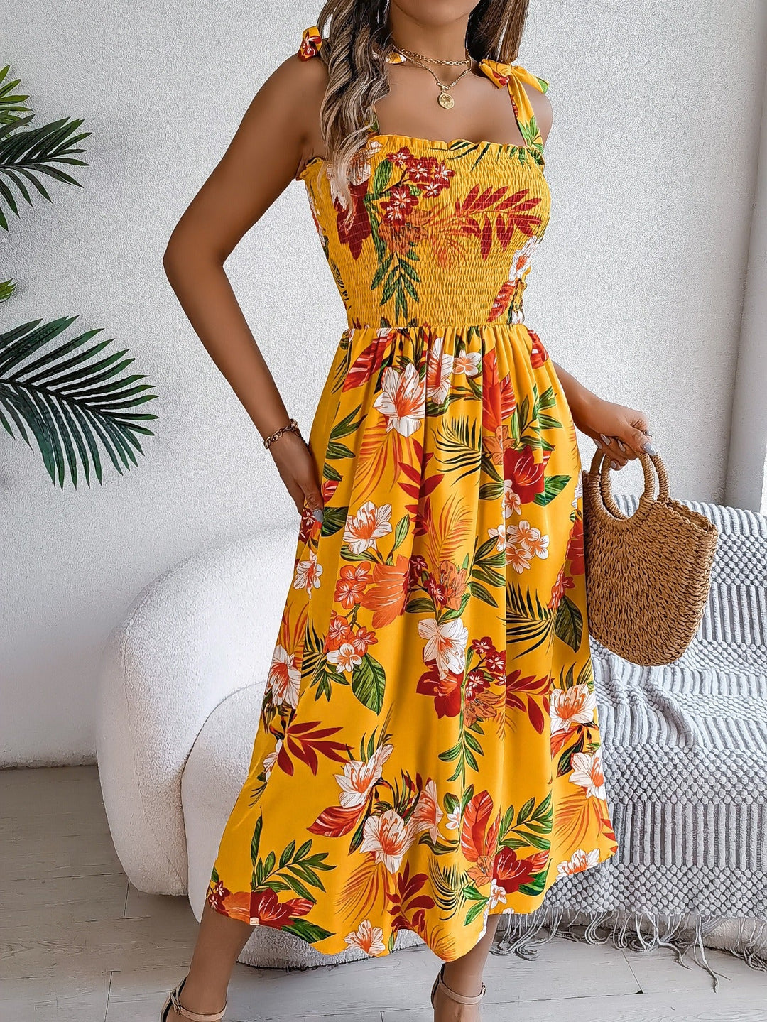 Lange tropische bloemenprint strapless damesjurk - model Kailani