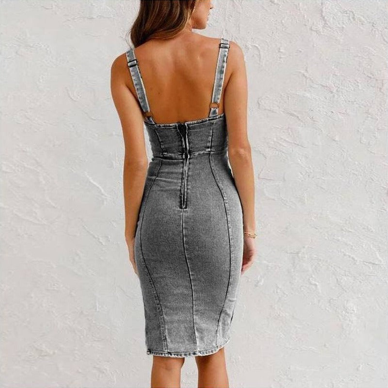 Strak aansluitende denim jurk met split en bandjes - Aitana