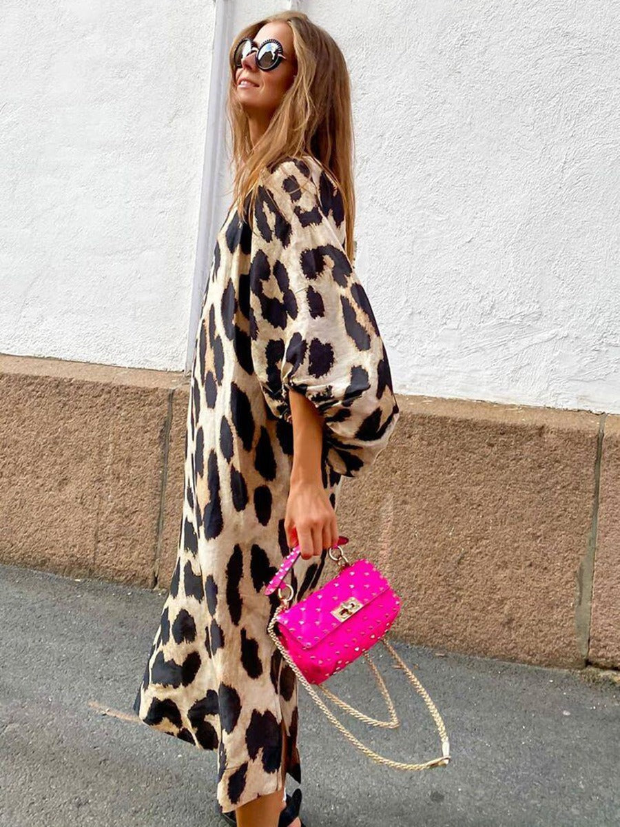 Dames midi-jurk met pofmouwen met dierenprint - Renata