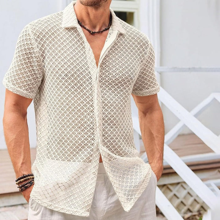 Herenoverhemd van opengewerkte stof met korte mouwen in een zomerse stijl - Marco