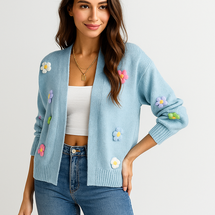 Gebreid damesvest met decoratieve bloemenapplicatie - Lily
