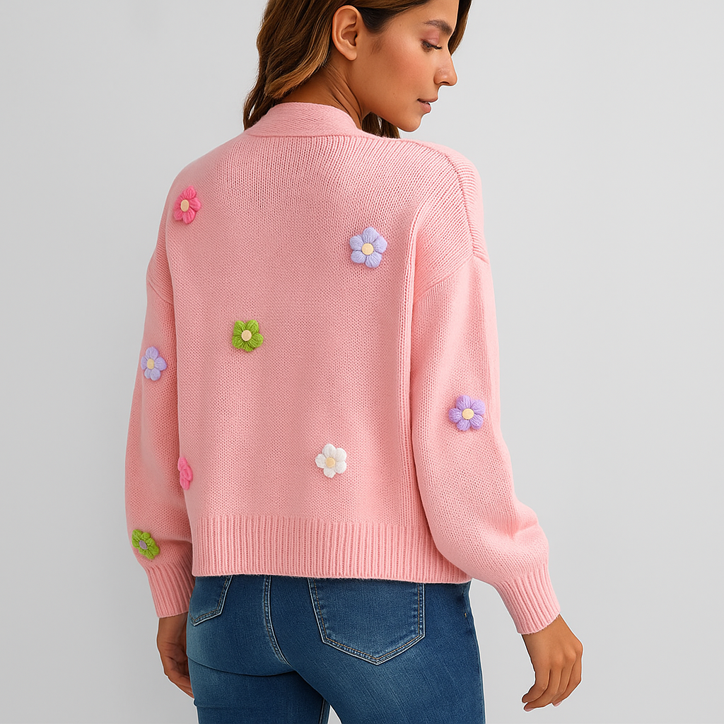 Gebreid damesvest met decoratieve bloemenapplicatie - Lily