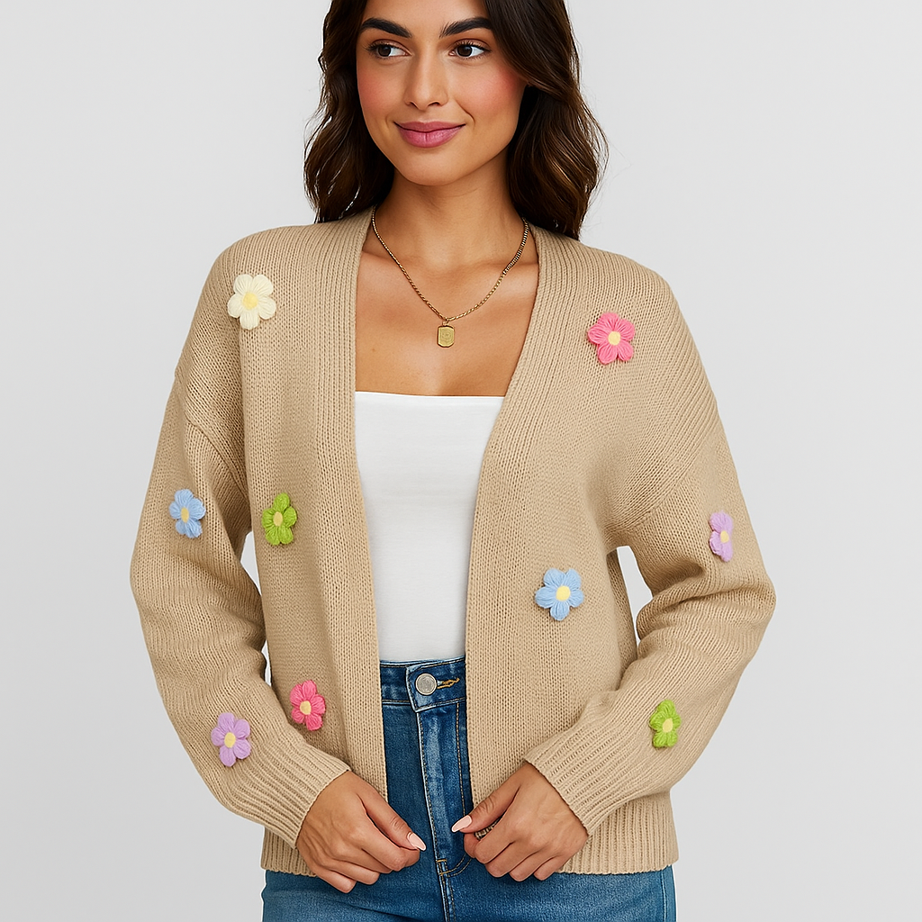 Gebreid damesvest met decoratieve bloemenapplicatie - Lily