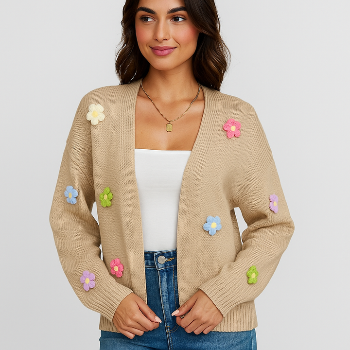 Gebreid damesvest met decoratieve bloemenapplicatie - Lily