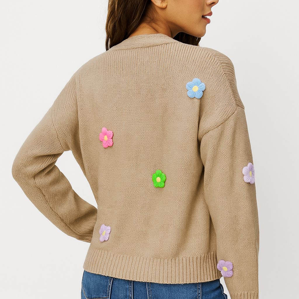 Gebreid damesvest met decoratieve bloemenapplicatie - Lily