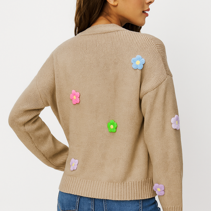 Gebreid damesvest met decoratieve bloemenapplicatie - Lily