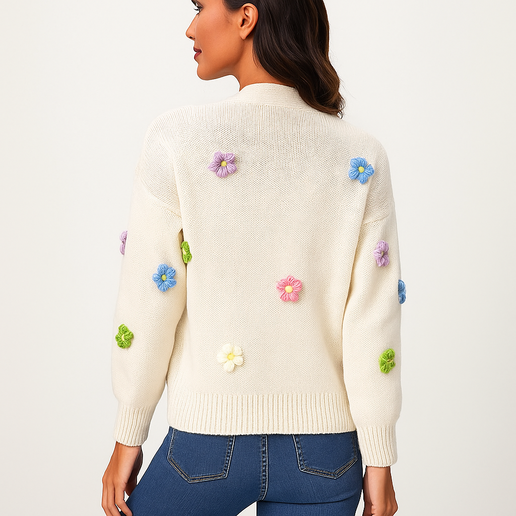 Gebreid damesvest met decoratieve bloemenapplicatie - Lily