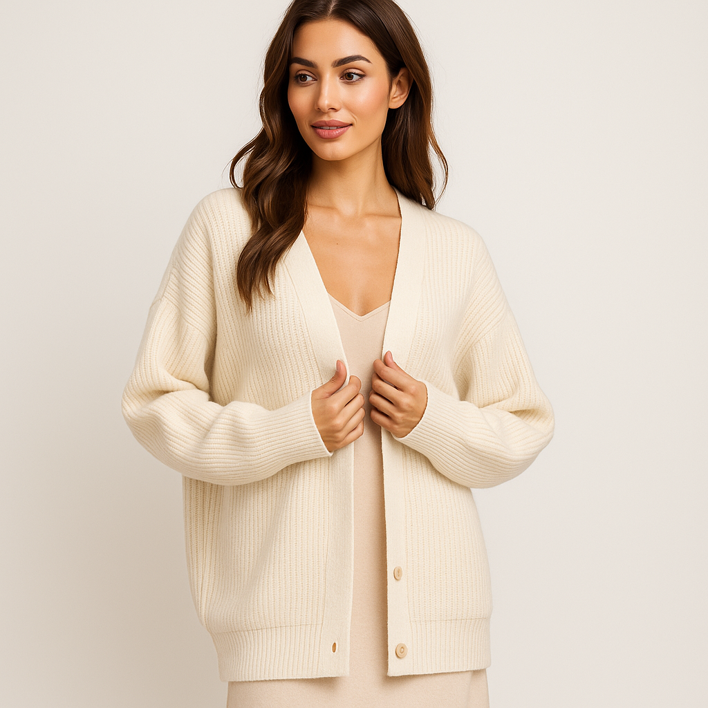 Gebreid damesvest in beige met knopen - Elira