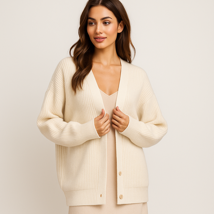 Gebreid damesvest in beige met knopen - Elira