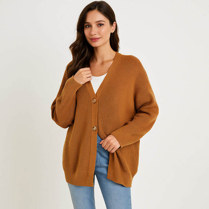 Gebreid damesvest in beige met knopen - Elira