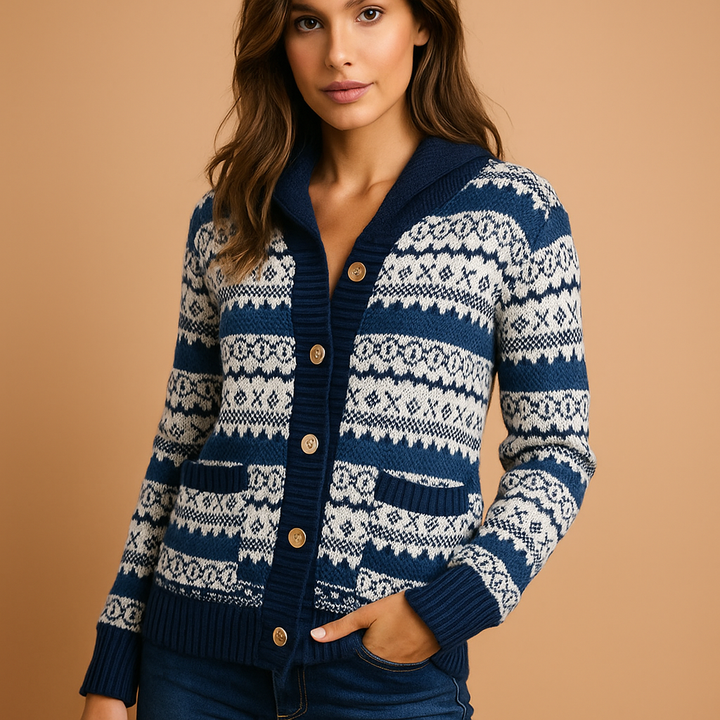 Gebreid damesvest winterpatroon met knopen vooraan - Ingrid