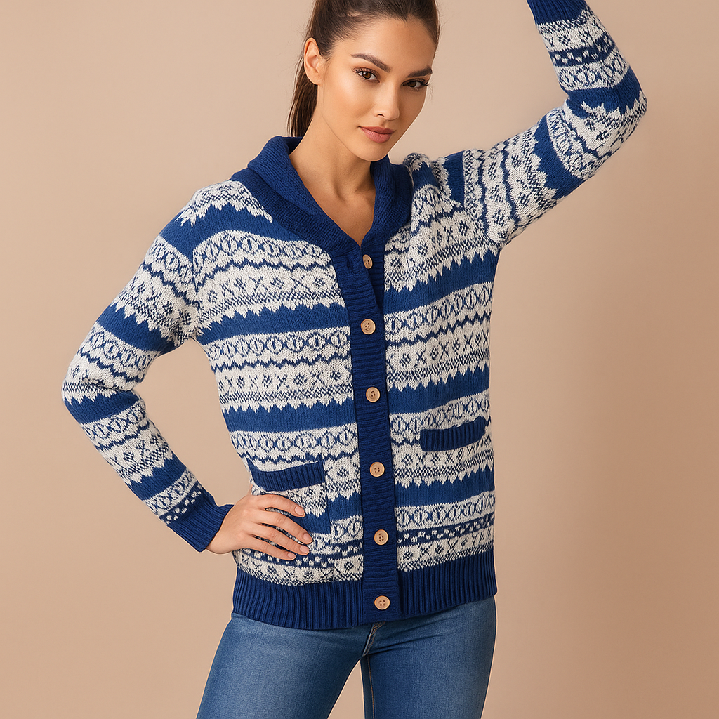 Gebreid damesvest winterpatroon met knopen vooraan - Ingrid
