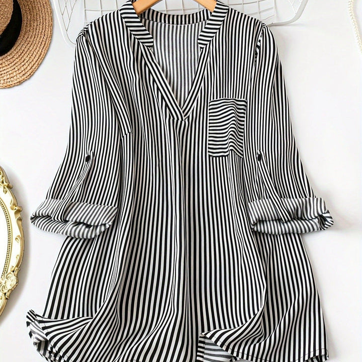 Damesblouse met verticale strepen, vloeiend model, oprolmouwen - Eloisa