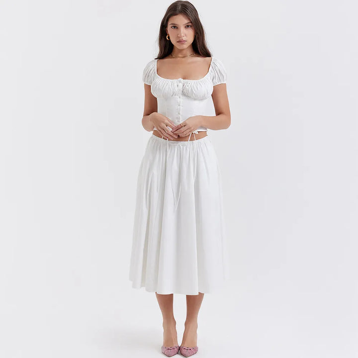 Tania - Vierkante Hals Gewaad Top & Rok Set met Pofmouwen