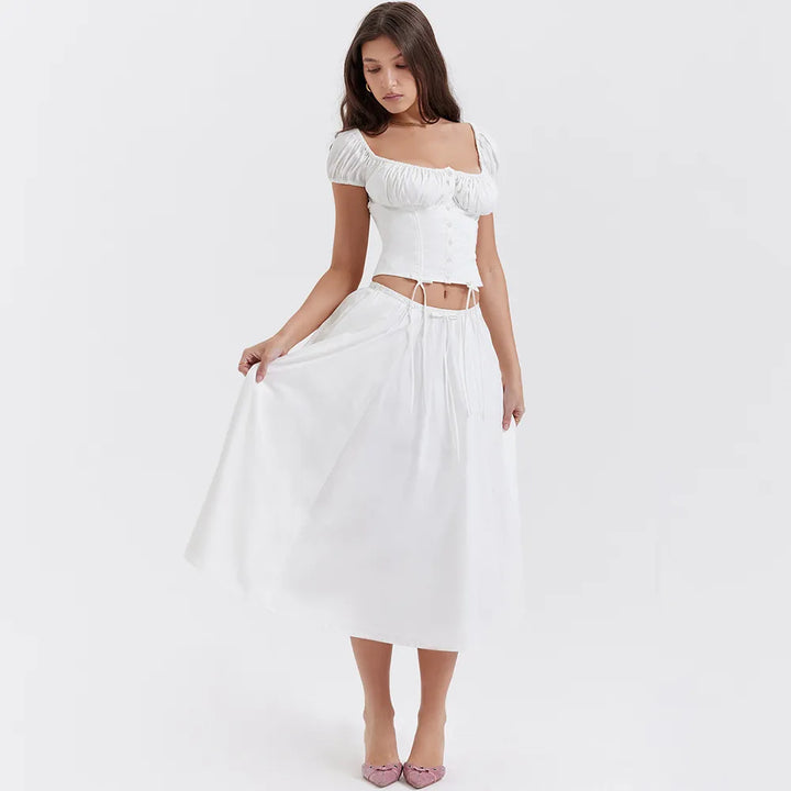 Tania - Vierkante Hals Gewaad Top & Rok Set met Pofmouwen