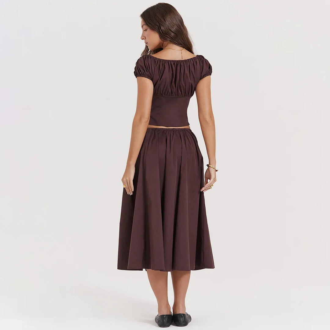 Tania - Vierkante Hals Gewaad Top & Rok Set met Pofmouwen