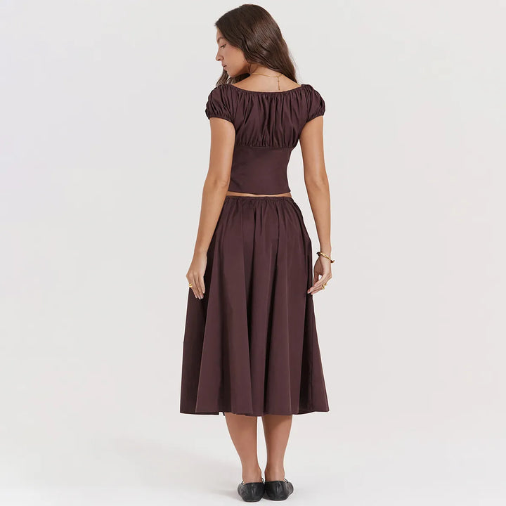 Tania - Vierkante Hals Gewaad Top & Rok Set met Pofmouwen