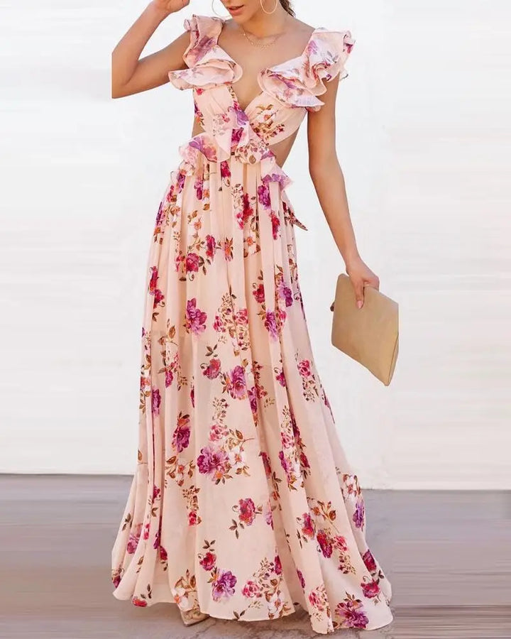 Sofia - Lange zomerjurk met open rug en bloemenprint