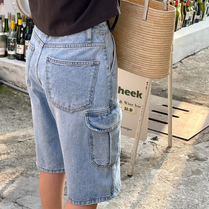 Dames denim shorts met cargozakken baggy stijl - Elina