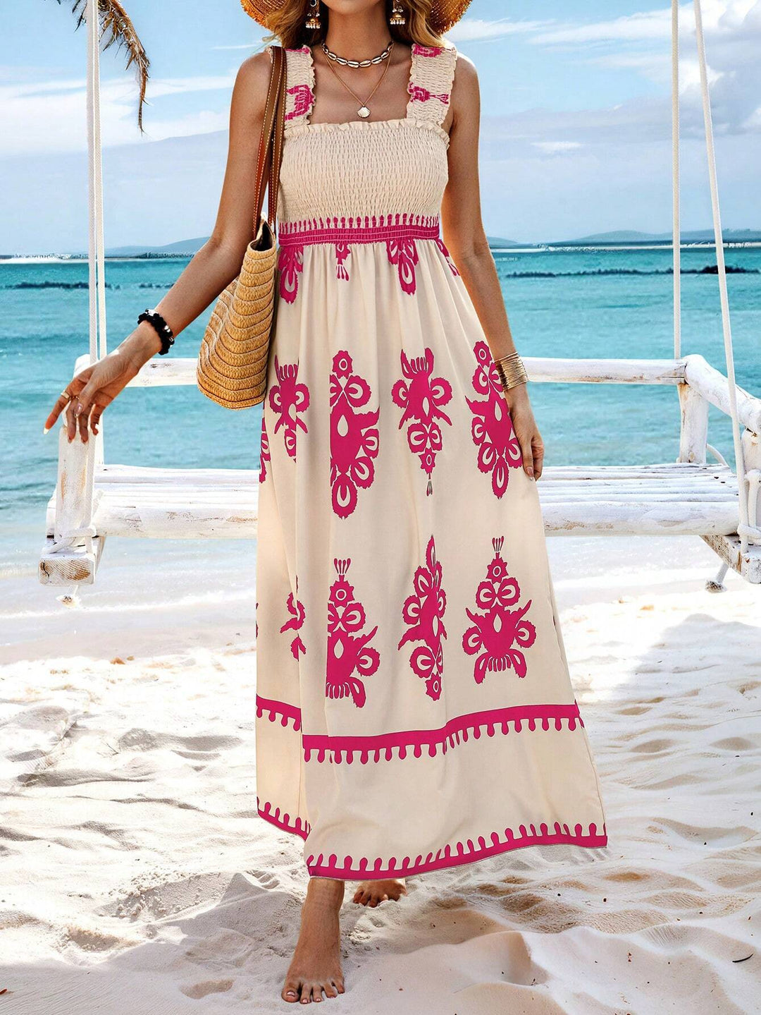 Lange damesjurk met bohemianprint, beige en zwarte strandbandjes - Zahara