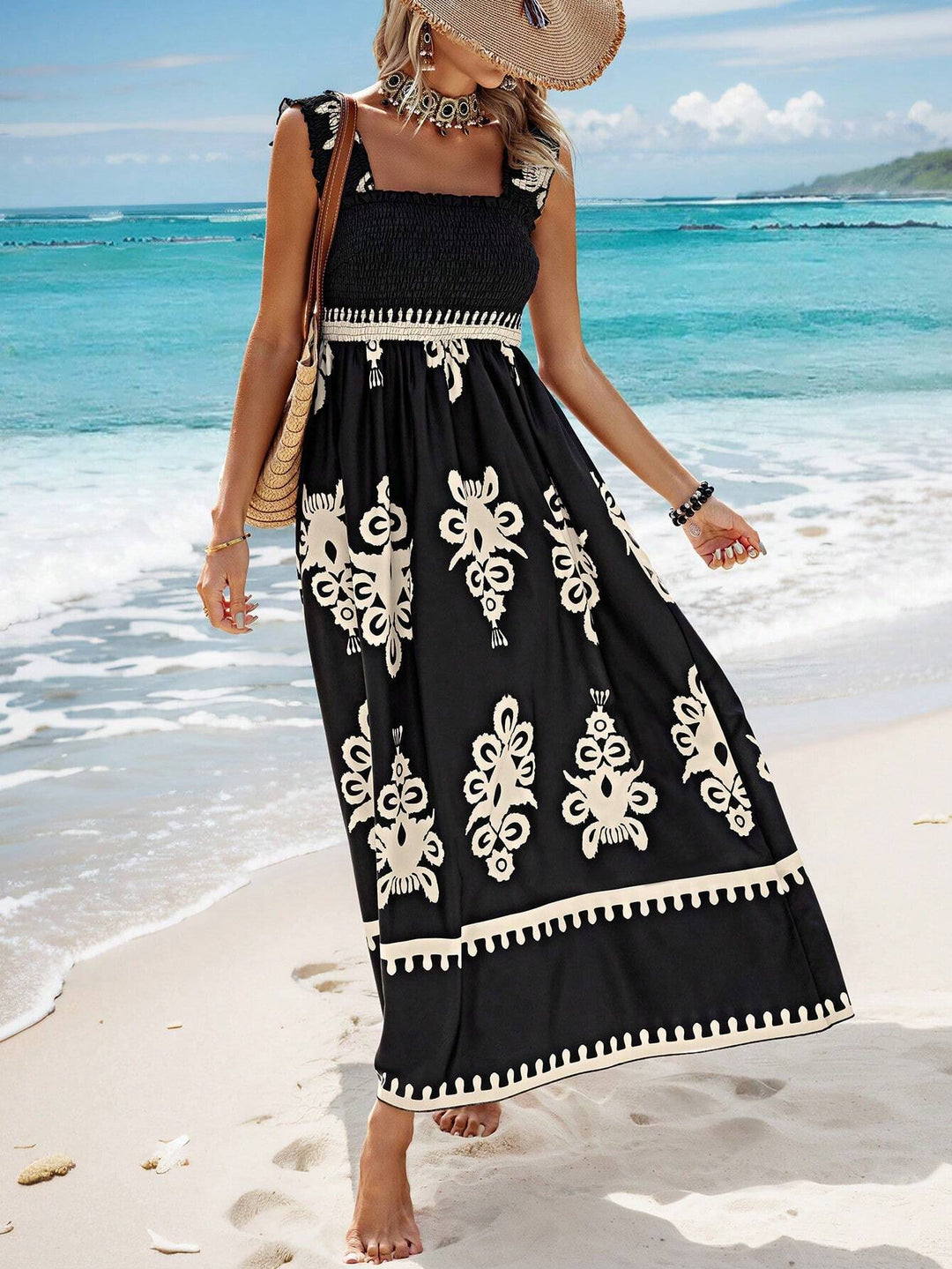 Lange damesjurk met bohemianprint, beige en zwarte strandbandjes - Zahara