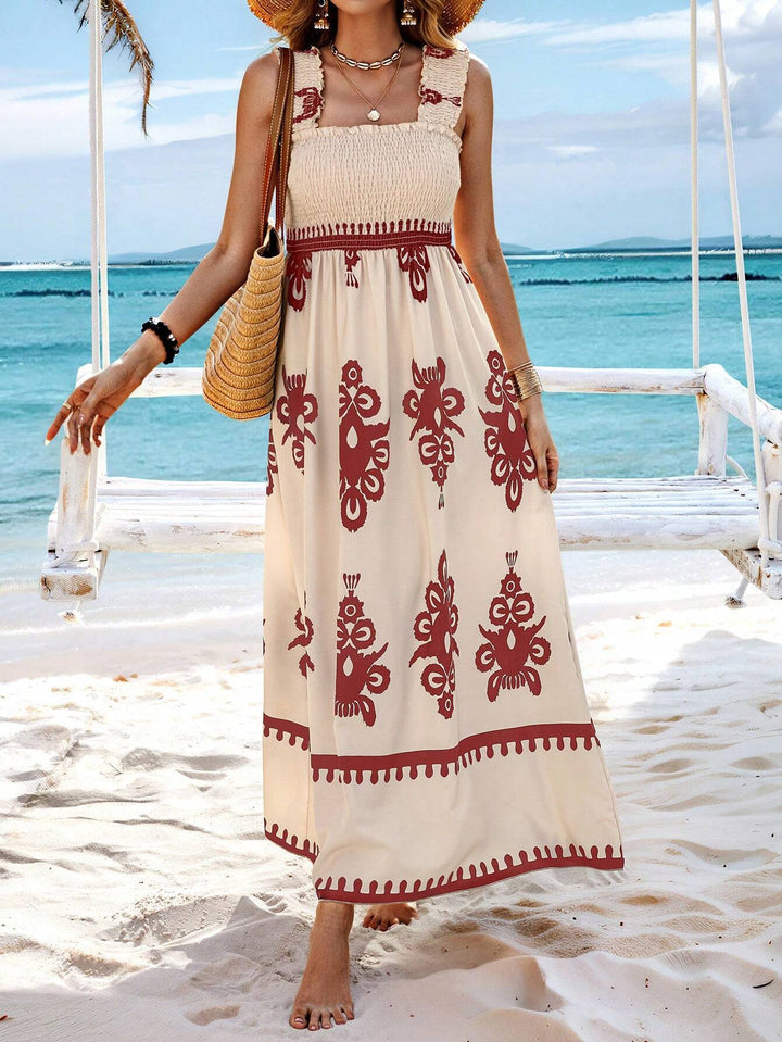 Lange damesjurk met bohemianprint, beige en zwarte strandbandjes - Zahara