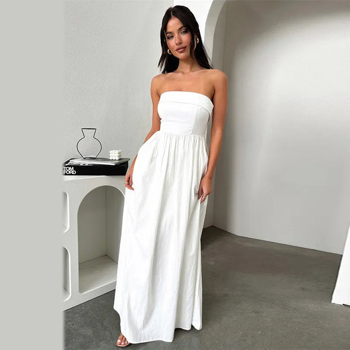 Jayla - Frenchy Effen Off-Shoulder Lange Jurk