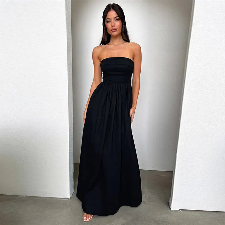 Jayla - Frenchy Effen Off-Shoulder Lange Jurk