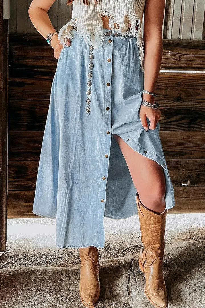 Lange rok voor dames met blauwe denim knopen - Mairena
