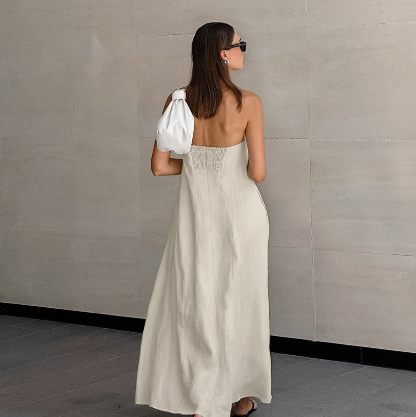 Lange damesjurk van katoenlinnen met strapless hals - Elodie