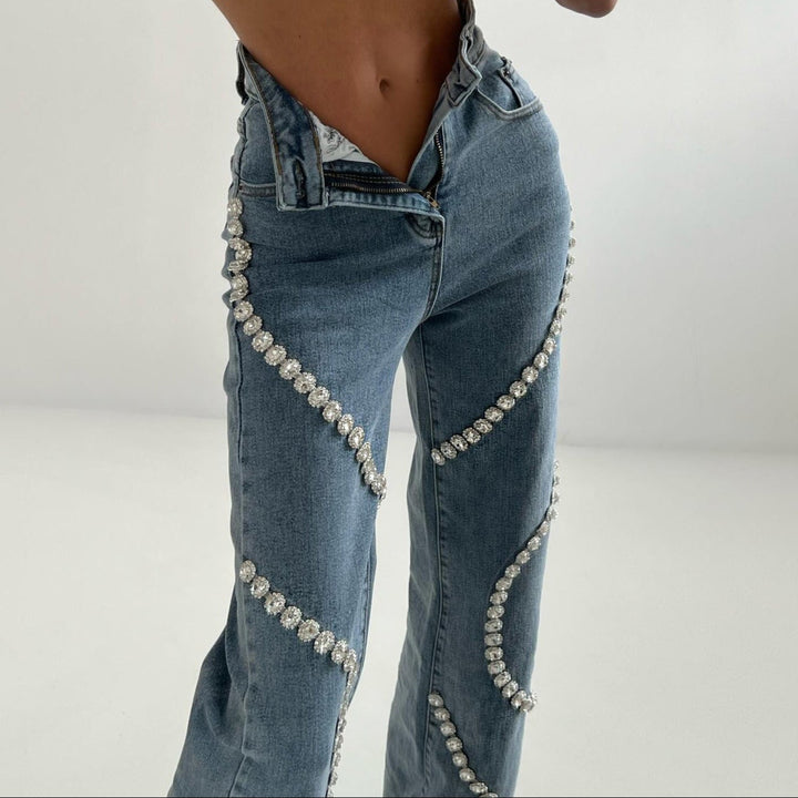 Damesjeans met decoratieve strassteentjes recht model - Eloísa