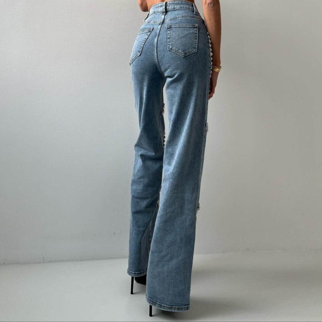 Damesjeans met decoratieve strassteentjes recht model - Eloísa