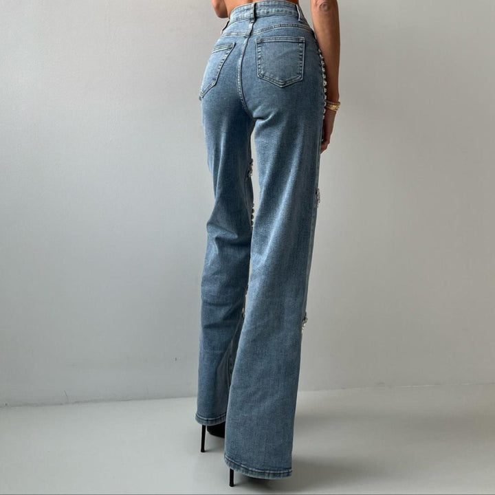 Damesjeans met decoratieve strassteentjes recht model - Eloísa