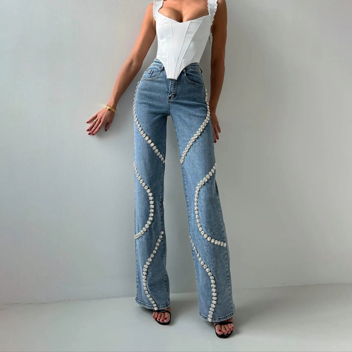 Damesjeans met decoratieve strassteentjes recht model - Eloísa