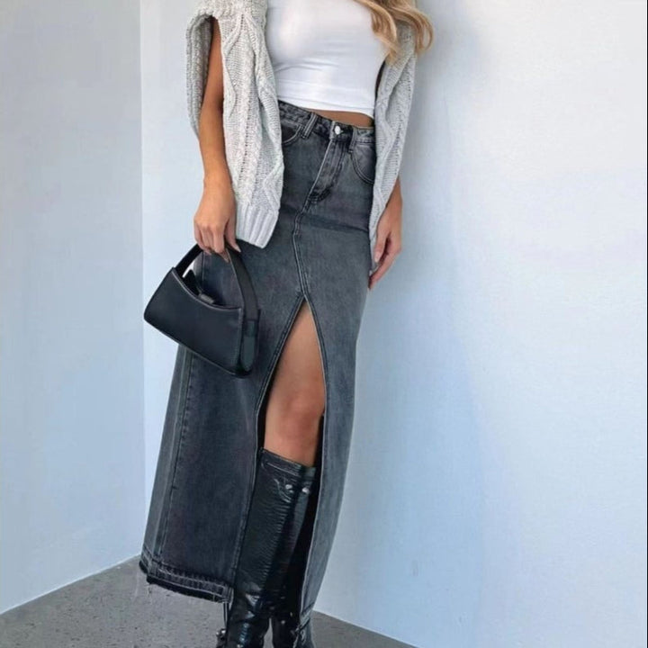 Lange denim rok met hoge taille en split aan de achterkant - Emilie