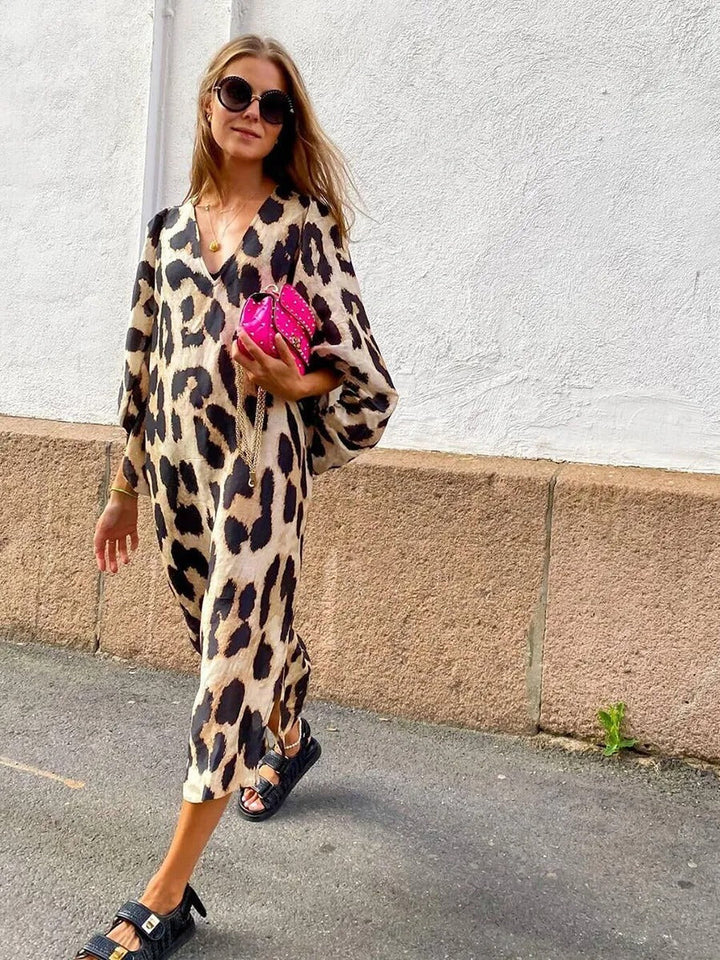 Dames midi-jurk met pofmouwen met dierenprint - Renata