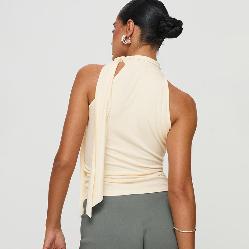 Damesmouwloze halternektop met asymmetrische strik - Natalia