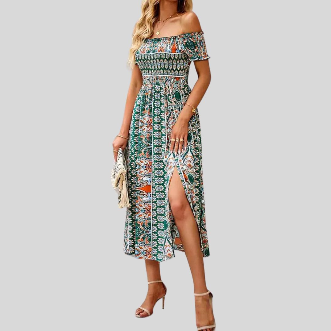 Aurora - Boho off-the-shoulder maxi jurk met ruches