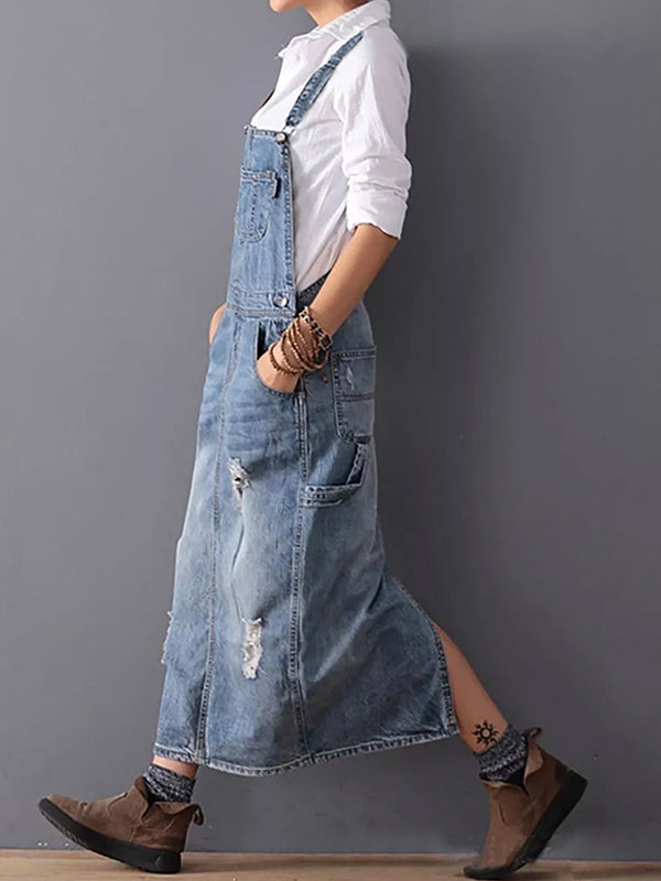 Slabberjurk van distressed denim met split aan de achterkant - Lara