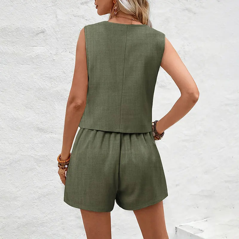 Damesset met elegant gilet en korte broek met hoge taille in effen kleur - Camila