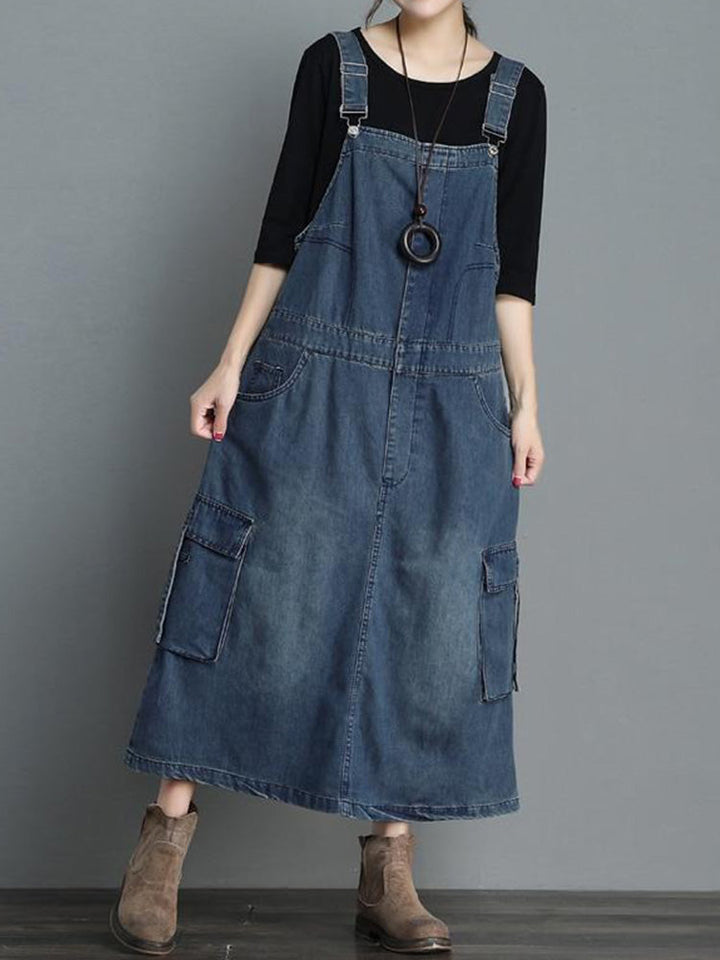 Denim tuinbroekjurk met losse pasvorm - Vici